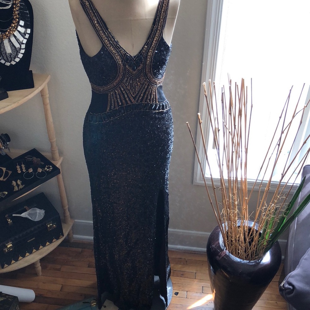 Embellished Deep Navy Evening Gown - Designer Style